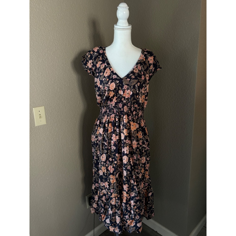 Old Navy Womens Floral Smocked Waist V-Neck Flutter Sleeve Midi Dress Navy L